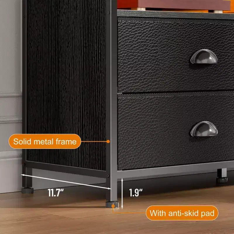 Meuble TV Qwatto noir de 55 pouces avec station de charge, lumières LED, 6 tiroirs en tissu, centre de divertissement pour téléviseurs jusqu'à 60 pouces, console multimédia