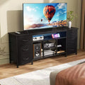 Qwatto 55 Inch Black TV Stand Dresser with Charging Station LED Lights 6 Fabric Drawers Entertainment Center for TVs up to 60 Inch Bedroom Storage