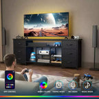 Meuble TV Qwatto noir de 55 pouces avec station de charge, lumières LED, 6 tiroirs en tissu, centre de divertissement pour téléviseurs jusqu'à 60 pouces, rangement de chambre.