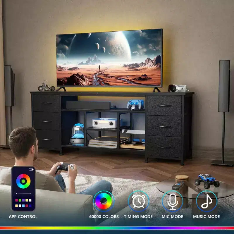 Meuble TV Qwatto noir de 55 pouces avec station de charge, lumières LED, 6 tiroirs en tissu, centre de divertissement pour téléviseurs jusqu'à 60 pouces, rangement de chambre.