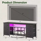 Meuble TV Qwatto noir de 55 pouces avec station de charge, lumières LED, 6 tiroirs en tissu, centre de divertissement pour téléviseurs jusqu'à 60 pouces, rangement de chambre.