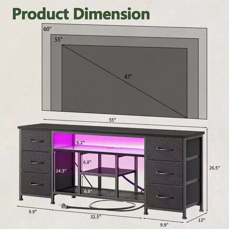 Meuble TV Qwatto noir de 55 pouces avec station de charge, lumières LED, 6 tiroirs en tissu, centre de divertissement pour téléviseurs jusqu'à 60 pouces, rangement de chambre.