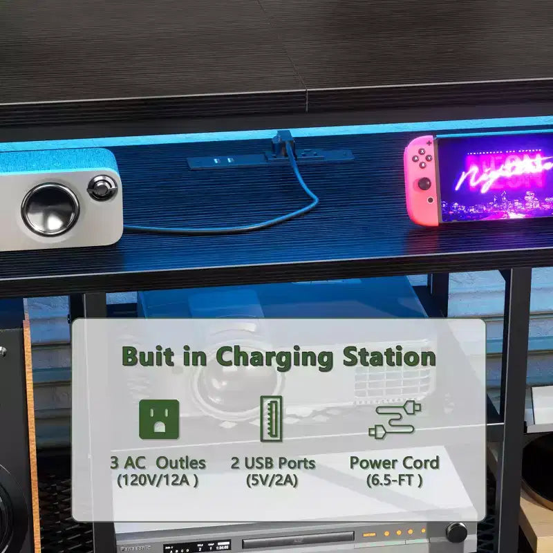 Meuble TV Qwatto noir de 55 pouces avec station de charge, lumières LED, 6 tiroirs en tissu, centre de divertissement pour téléviseurs jusqu'à 60 pouces, rangement de chambre.
