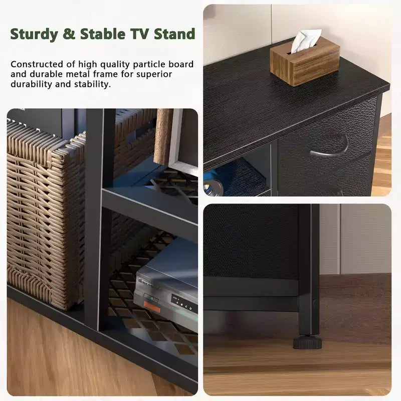 Meuble TV Qwatto noir de 55 pouces avec station de charge, lumières LED, 6 tiroirs en tissu, centre de divertissement pour téléviseurs jusqu'à 60 pouces, rangement de chambre.
