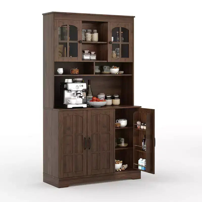 Armoire de garde-manger avec station de charge, Grand garde-manger de cuisine avec huche, Armoire de cuisine de 180 cm avec portes vitrées, pour salle à manger