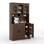 Armoire de garde-manger avec station de charge, Grand garde-manger de cuisine avec huche, Armoire de cuisine de 180 cm avec portes vitrées, pour salle à manger