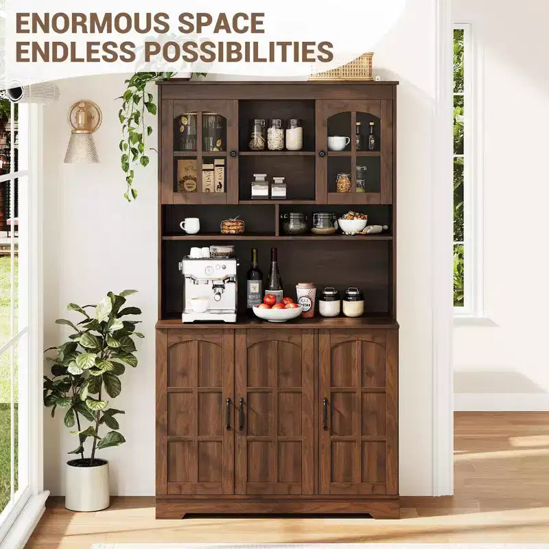 Armoire de garde-manger avec station de charge, Grand garde-manger de cuisine avec huche, Armoire de cuisine de 180 cm avec portes vitrées, pour salle à manger