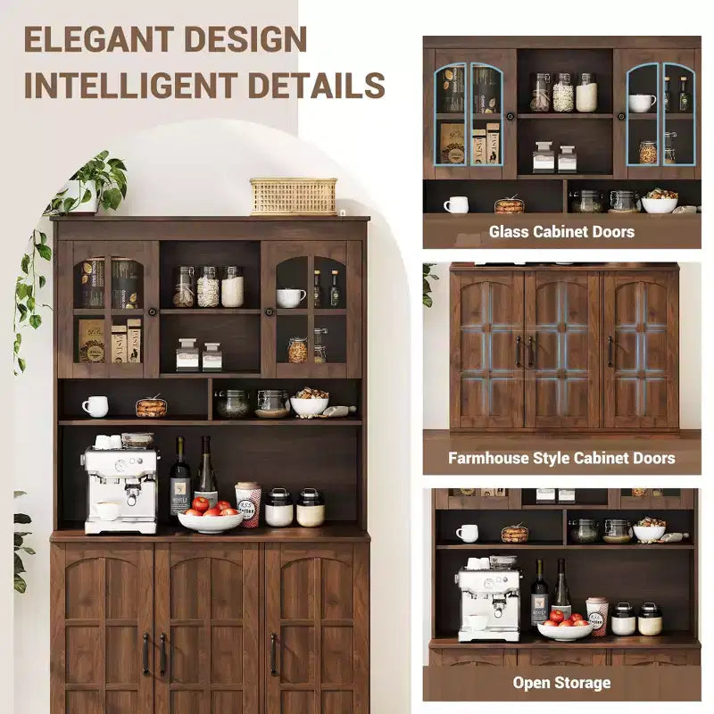 Armoire de garde-manger avec station de charge, Grand garde-manger de cuisine avec huche, Armoire de cuisine de 180 cm avec portes vitrées, pour salle à manger