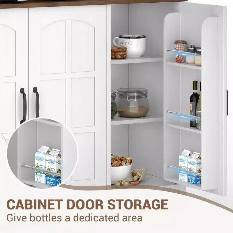 Armoire de garde-manger avec station de charge, Grand garde-manger de cuisine avec huche, Armoire de cuisine de 180 cm avec portes vitrées, pour salle à manger