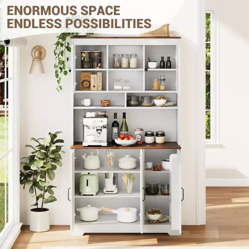 Armoire de garde-manger avec station de charge, Grand garde-manger de cuisine avec huche, Armoire de cuisine de 180 cm avec portes vitrées, pour salle à manger