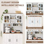 Armoire de garde-manger avec station de charge, Grand garde-manger de cuisine avec huche, Armoire de cuisine de 180 cm avec portes vitrées, pour salle à manger