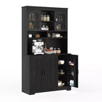 Armoire de garde-manger avec station de charge, Grand garde-manger de cuisine avec huche, Armoire de cuisine de 180 cm avec portes vitrées, pour salle à manger