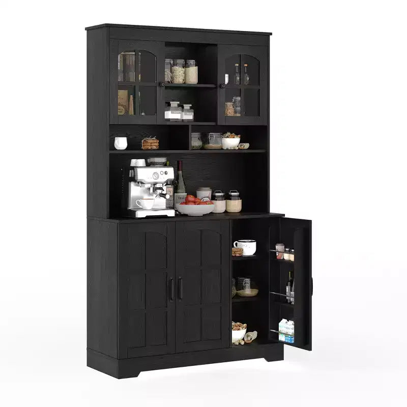 Armoire de garde-manger avec station de charge, Grand garde-manger de cuisine avec huche, Armoire de cuisine de 180 cm avec portes vitrées, pour salle à manger