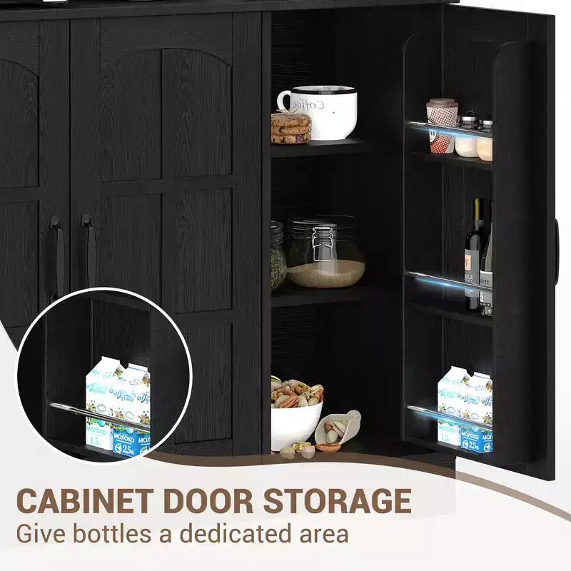 Armoire de garde-manger avec station de charge, Grand garde-manger de cuisine avec huche, Armoire de cuisine de 180 cm avec portes vitrées, pour salle à manger