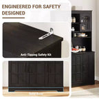 Armoire de garde-manger avec station de charge, Grand garde-manger de cuisine avec huche, Armoire de cuisine de 180 cm avec portes vitrées, pour salle à manger