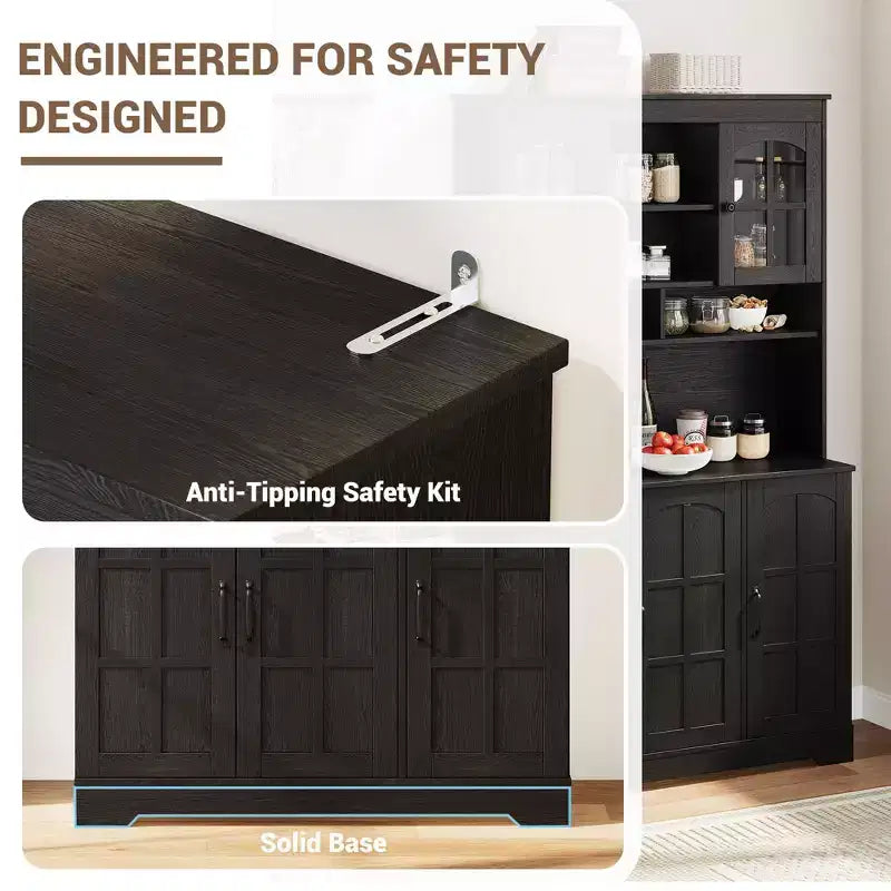 Armoire de garde-manger avec station de charge, Grand garde-manger de cuisine avec huche, Armoire de cuisine de 180 cm avec portes vitrées, pour salle à manger
