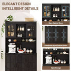 Armoire de garde-manger avec station de charge, Grand garde-manger de cuisine avec huche, Armoire de cuisine de 180 cm avec portes vitrées, pour salle à manger
