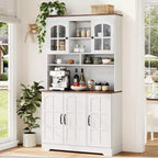 Armoire de garde-manger avec station de charge, Grand garde-manger de cuisine avec huche, Armoire de cuisine de 180 cm avec portes vitrées, pour salle à manger