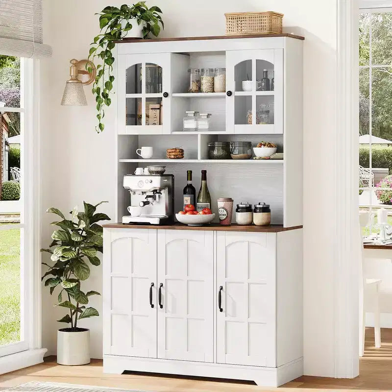 Armoire de garde-manger avec station de charge, Grand garde-manger de cuisine avec huche, Armoire de cuisine de 180 cm avec portes vitrées, pour salle à manger