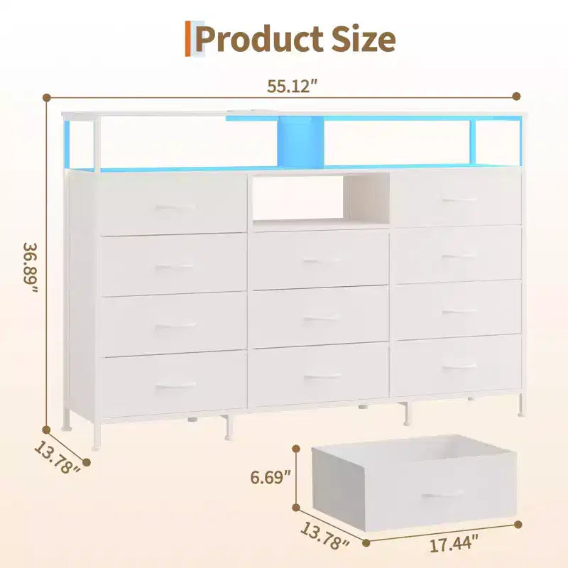 Commode de chambre à 11 tiroirs, commodes en tissu avec étagères ouvertes pour couloir, salon, cadre en acier, plateau en bois