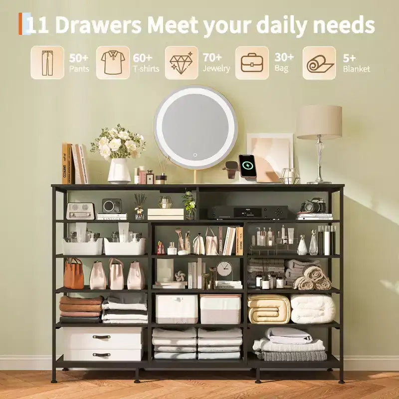 Commode de chambre à 11 tiroirs, commodes en tissu avec étagères ouvertes pour couloir, salon, cadre en acier, plateau en bois