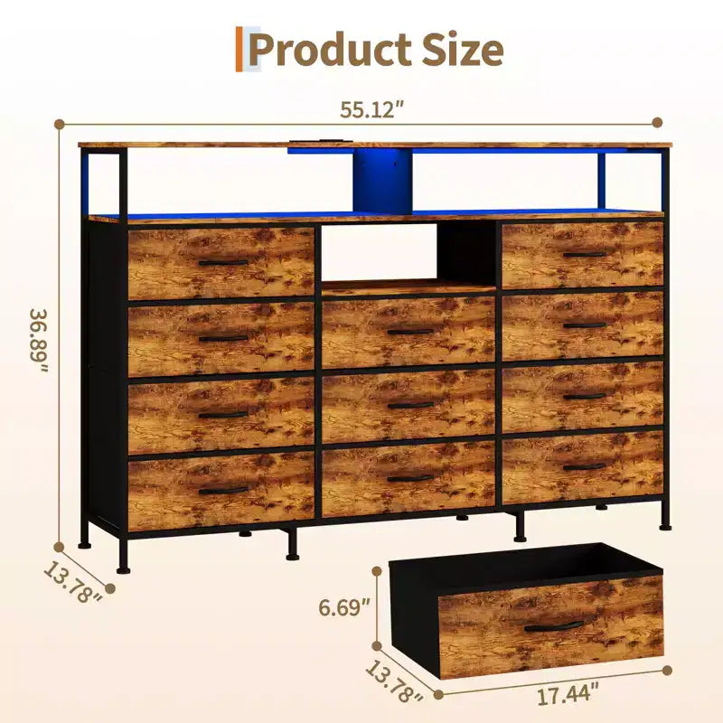 Commode de chambre à 11 tiroirs, commodes en tissu avec étagères ouvertes pour couloir, salon, cadre en acier, plateau en bois
