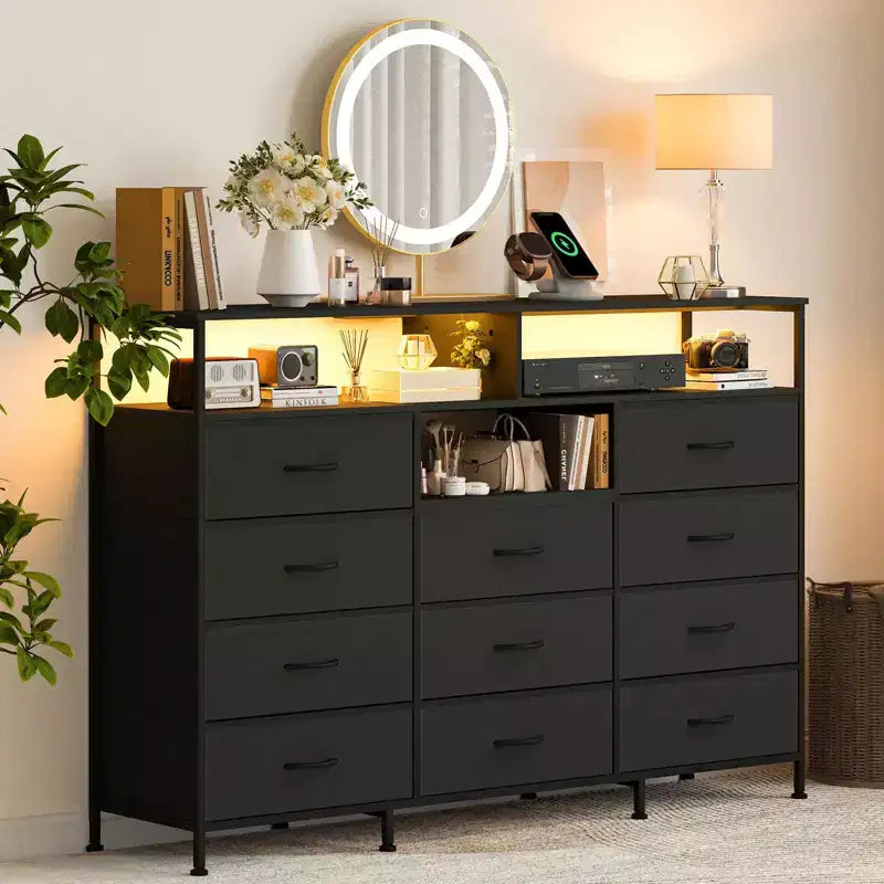 Dresser for Bedroom with 11 Drawers Featuring, Fabric Dressers & Chest of Drawers with Open Shelves for Hallway, Living Room, Steel Frame,Wood Top