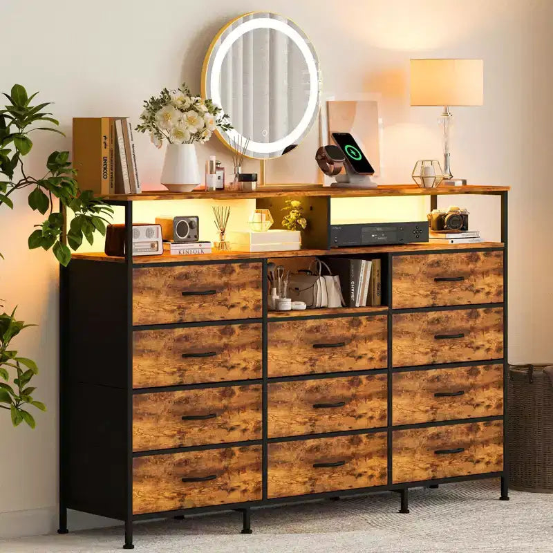 Commode de chambre à 11 tiroirs, commodes en tissu avec étagères ouvertes pour couloir, salon, cadre en acier, plateau en bois
