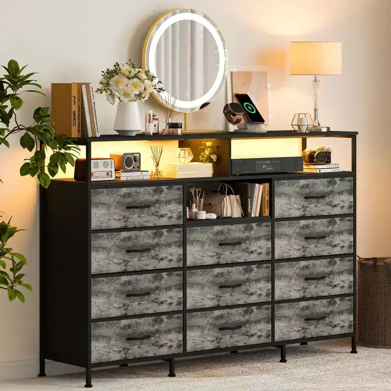 Commode de chambre à 11 tiroirs, commodes en tissu avec étagères ouvertes pour couloir, salon, cadre en acier, plateau en bois