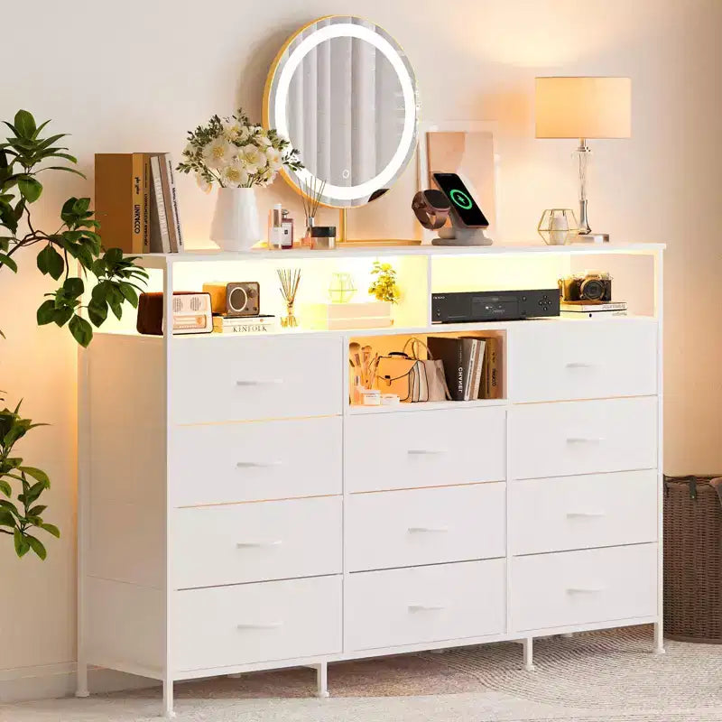 Commode de chambre à 11 tiroirs, commodes en tissu avec étagères ouvertes pour couloir, salon, cadre en acier, plateau en bois