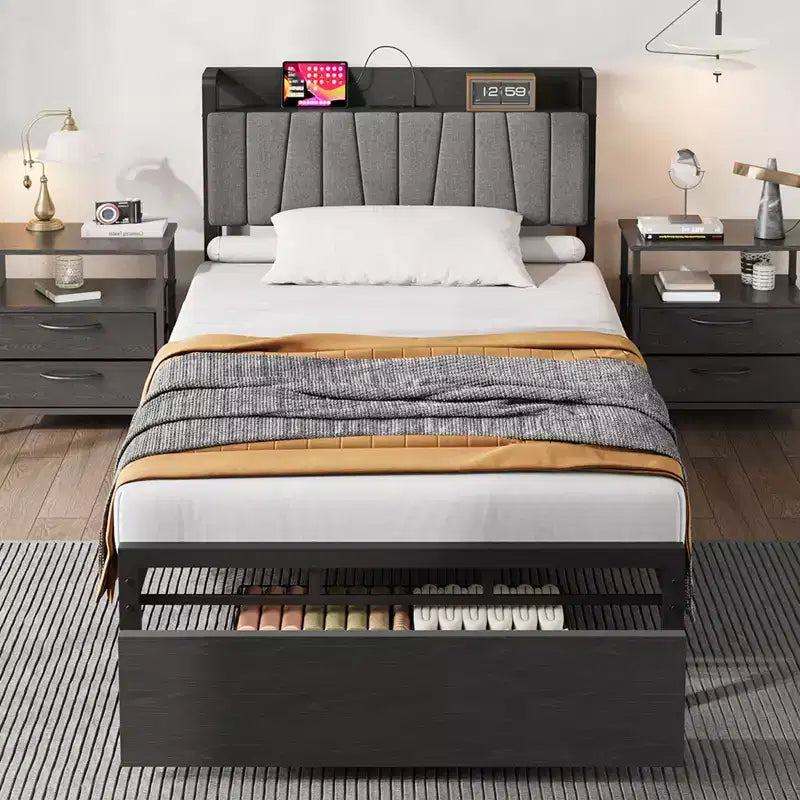 Twin Size Bed Frame with Storage Headboard, Black Twin Platform Bed with Large Drawer and Charging Station, Industrial No Box Spring Needed Bedframe