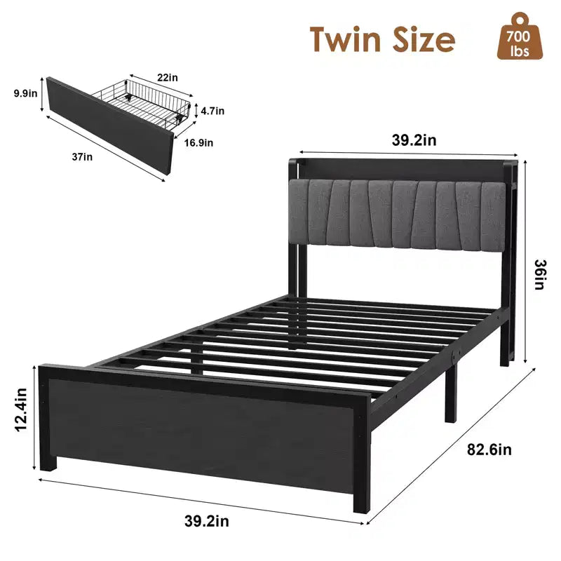 Cadre de lit double avec tête de lit de rangement, lit plateforme double noir avec grand tiroir et station de recharge, cadre de lit industriel sans sommier tapissier requis