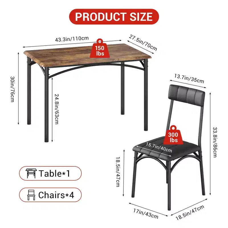 Ensemble table à manger et 4 chaises pour petits espaces, table de cuisine avec 4 chaises rembourrées, structure moderne en bois et métal pour appartement, salle à manger