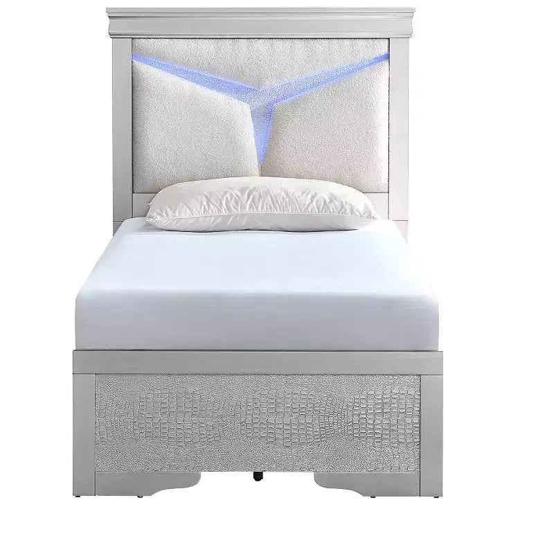 Passion Furniture Lorana Silver Champagne Wood Frame Twin Panel Bed with LED Lighted Headboard