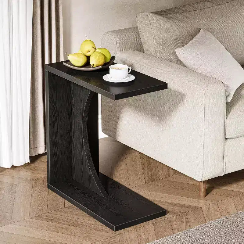Lantine C-Shaped End Table for Couch, Small Bedside Table for Sofa, Wooden Nightstand for Living Room Bedroom Laptop Work Desk (1, Black)