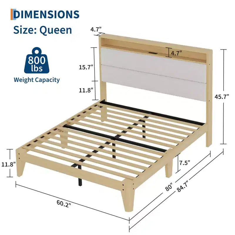 Cadre de lit Queen Size, Cadre de lit plateforme en boucle avec lumières LED, Tête de lit rembourrée avec station de charge intégrée, Pas besoin de sommier tapissier, Crème