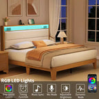 Cadre de lit Queen Size, Cadre de lit plateforme en boucle avec lumières LED, Tête de lit rembourrée avec station de charge intégrée, Pas besoin de sommier tapissier, Crème