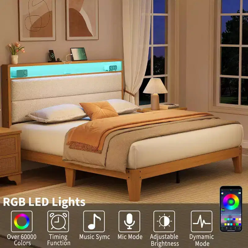 Cadre de lit Queen Size, Cadre de lit plateforme en boucle avec lumières LED, Tête de lit rembourrée avec station de charge intégrée, Pas besoin de sommier tapissier, Crème