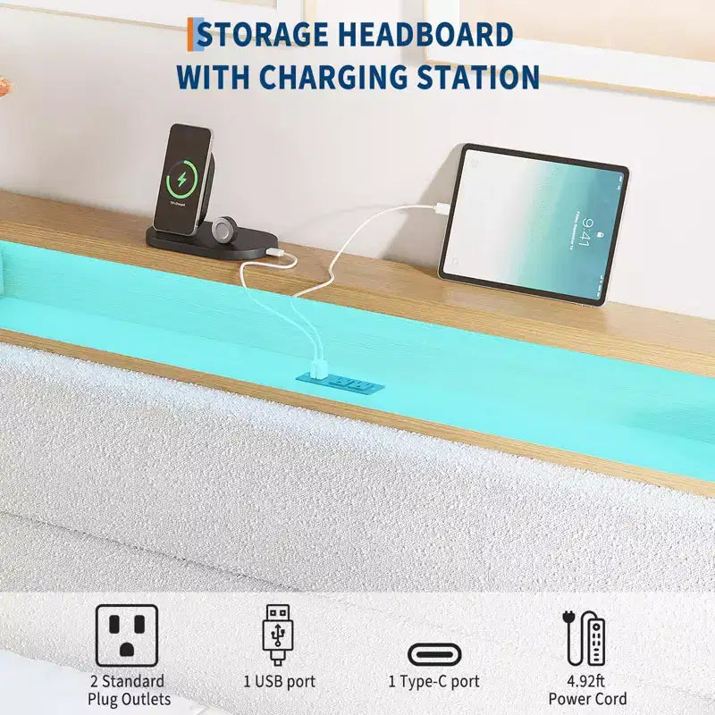 Cadre de lit Queen Size, Cadre de lit plateforme en boucle avec lumières LED, Tête de lit rembourrée avec station de charge intégrée, Pas besoin de sommier tapissier, Crème
