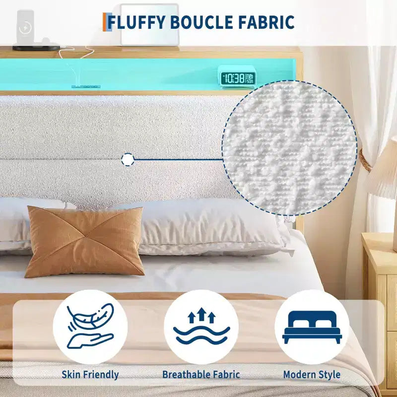 Cadre de lit Queen Size, Cadre de lit plateforme en boucle avec lumières LED, Tête de lit rembourrée avec station de charge intégrée, Pas besoin de sommier tapissier, Crème