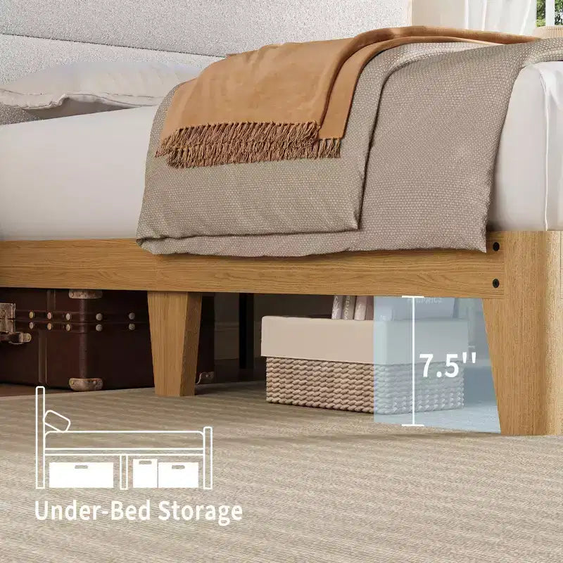 Cadre de lit Queen Size, Cadre de lit plateforme en boucle avec lumières LED, Tête de lit rembourrée avec station de charge intégrée, Pas besoin de sommier tapissier, Crème