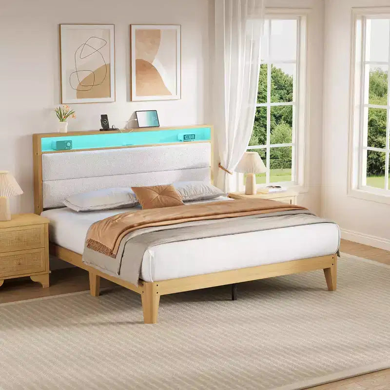 Cadre de lit Queen Size, Cadre de lit plateforme en boucle avec lumières LED, Tête de lit rembourrée avec station de charge intégrée, Pas besoin de sommier tapissier, Crème