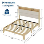 Cadre de lit Queen Size, Cadre de lit plateforme en boucle avec lumières LED, Tête de lit rembourrée avec station de charge intégrée, Pas besoin de sommier tapissier, Crème
