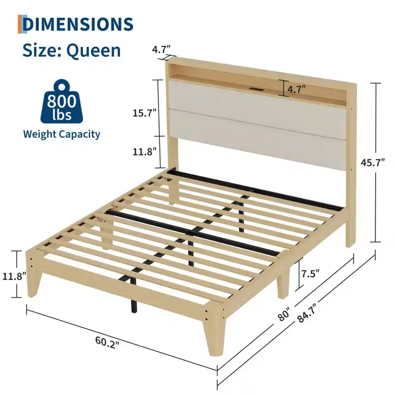Cadre de lit Queen Size, Cadre de lit plateforme en boucle avec lumières LED, Tête de lit rembourrée avec station de charge intégrée, Pas besoin de sommier tapissier, Crème