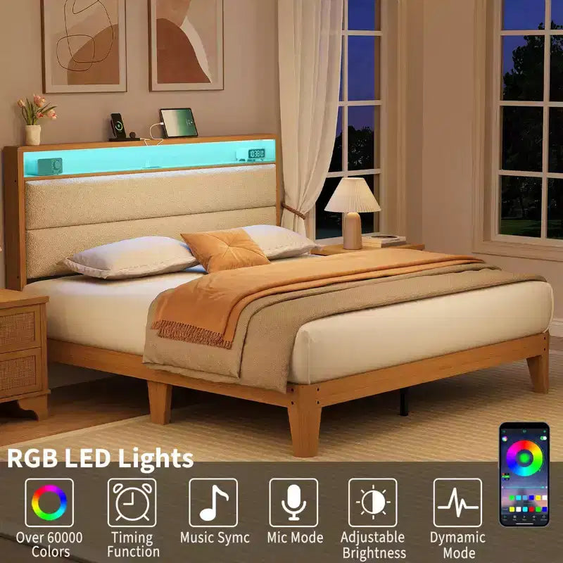 Cadre de lit Queen Size, Cadre de lit plateforme en boucle avec lumières LED, Tête de lit rembourrée avec station de charge intégrée, Pas besoin de sommier tapissier, Crème