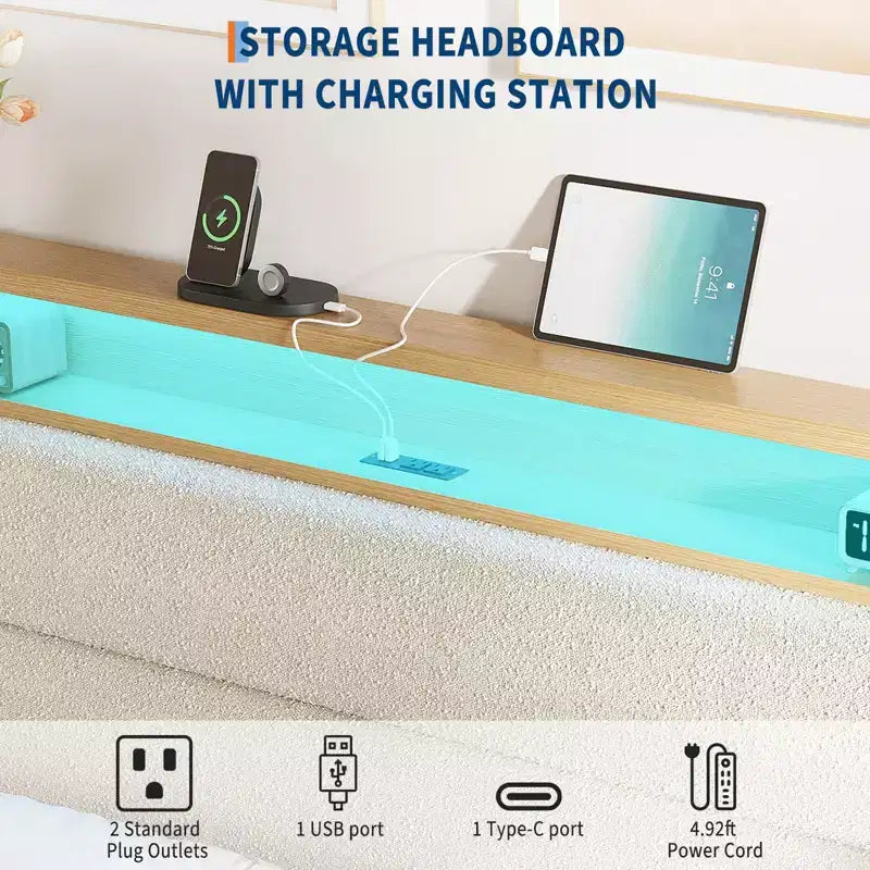 Cadre de lit Queen Size, Cadre de lit plateforme en boucle avec lumières LED, Tête de lit rembourrée avec station de charge intégrée, Pas besoin de sommier tapissier, Crème