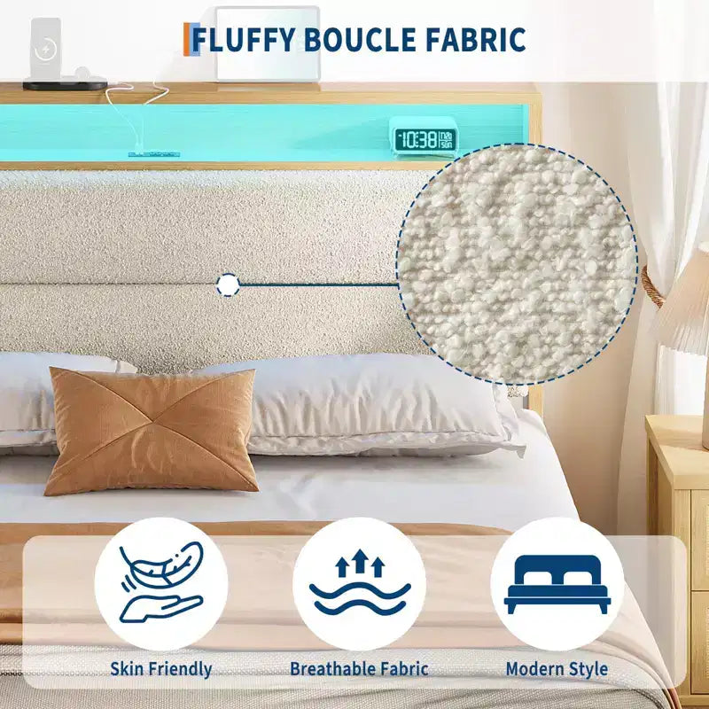 Cadre de lit Queen Size, Cadre de lit plateforme en boucle avec lumières LED, Tête de lit rembourrée avec station de charge intégrée, Pas besoin de sommier tapissier, Crème