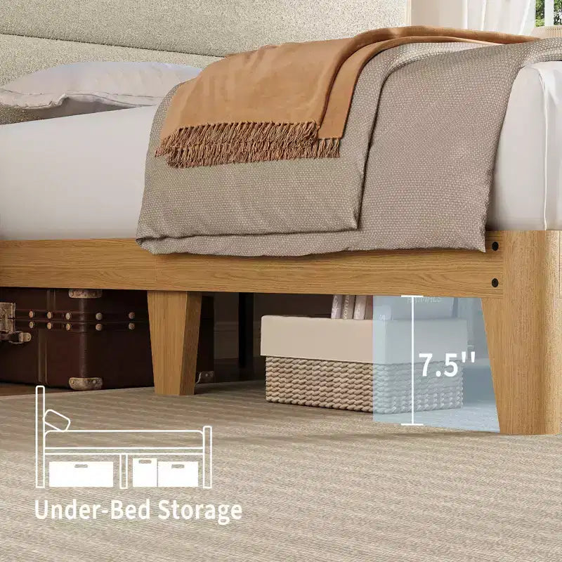 Cadre de lit Queen Size, Cadre de lit plateforme en boucle avec lumières LED, Tête de lit rembourrée avec station de charge intégrée, Pas besoin de sommier tapissier, Crème