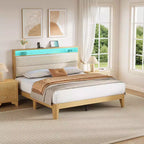 Cadre de lit Queen Size, Cadre de lit plateforme en boucle avec lumières LED, Tête de lit rembourrée avec station de charge intégrée, Pas besoin de sommier tapissier, Crème