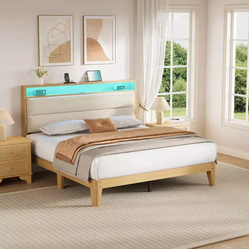 Cadre de lit Queen Size, Cadre de lit plateforme en boucle avec lumières LED, Tête de lit rembourrée avec station de charge intégrée, Pas besoin de sommier tapissier, Crème